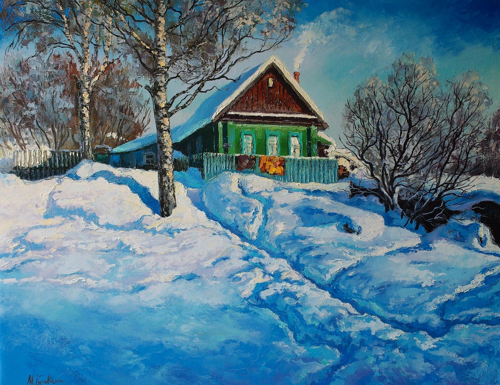 The House, Mikhail Brovkin- painting, winter, house in the village, birch trees