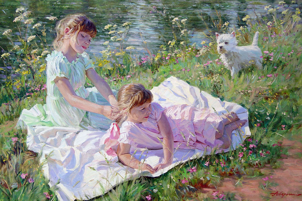Girlfriends, Alexandr Averin- painting, two girls , dog, meadow , wildflowers