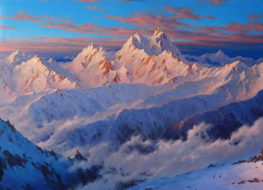 At sunrise, George Dmitriev- painting, Caucasus mountain range, snow-capped mountains