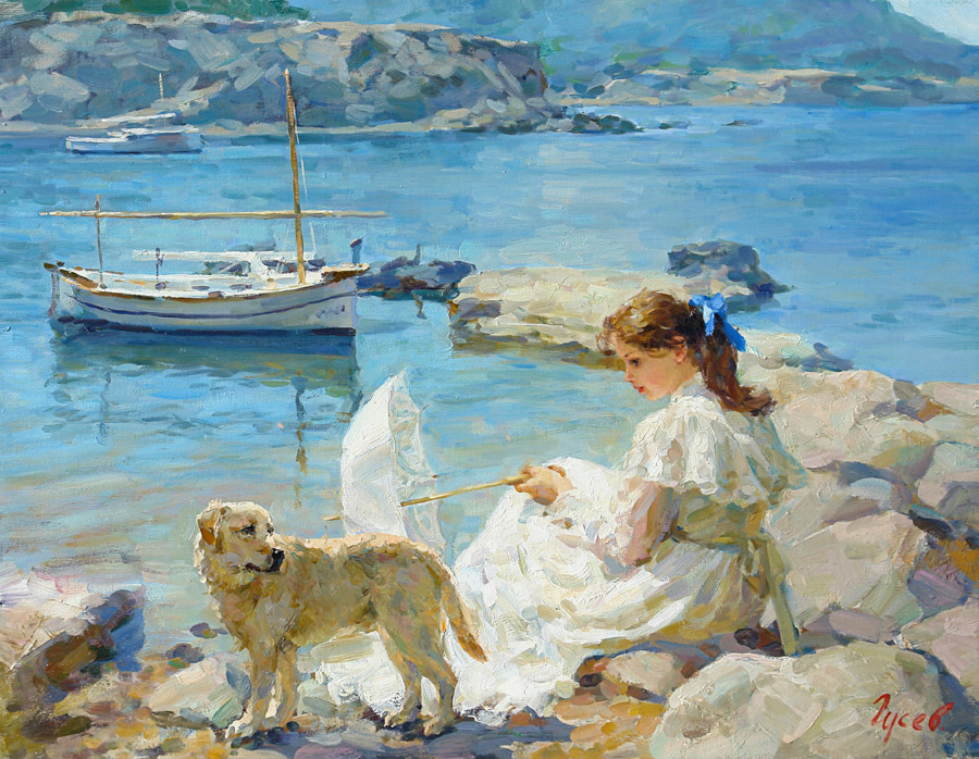 На берегу моря, Владимир Гусев- картина, девушка с собакой, прогулка, зонтик, отдых, море