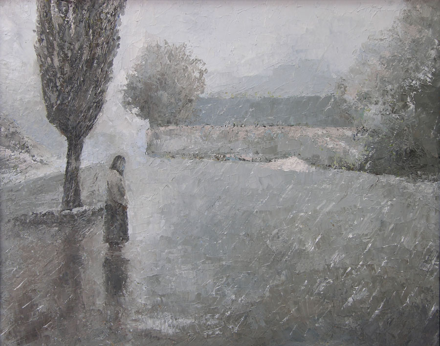 Rain, Sergey Postnikov- downpour, single woman, painting expressionism loneliness