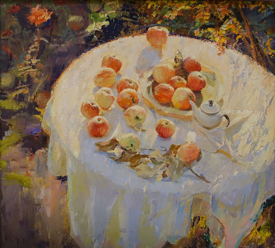 Осенний свет, Мария Щербинина- картина, осенний натюрморт, яблоки на столе, отдых