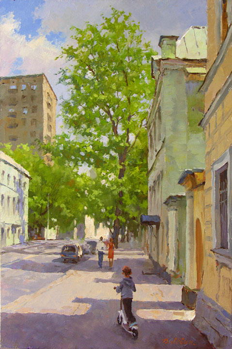 На малой Басманной улице. Москва, Дмитрий Лёвин- московский городской пейзаж, мальчик на самокате, картина