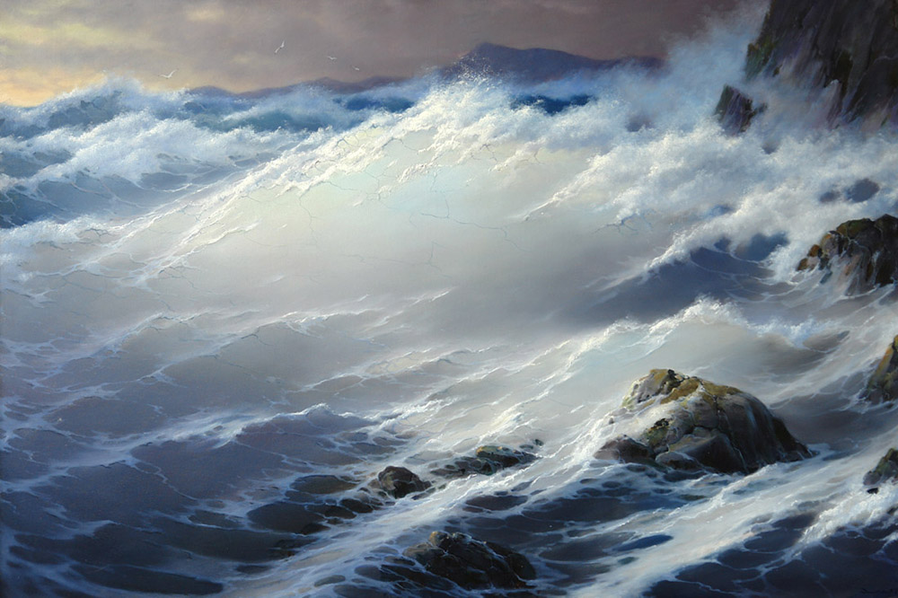 Waves at rocks, George Dmitriev- painting,blue sea, clear waves, rocks, seagulls over the sea