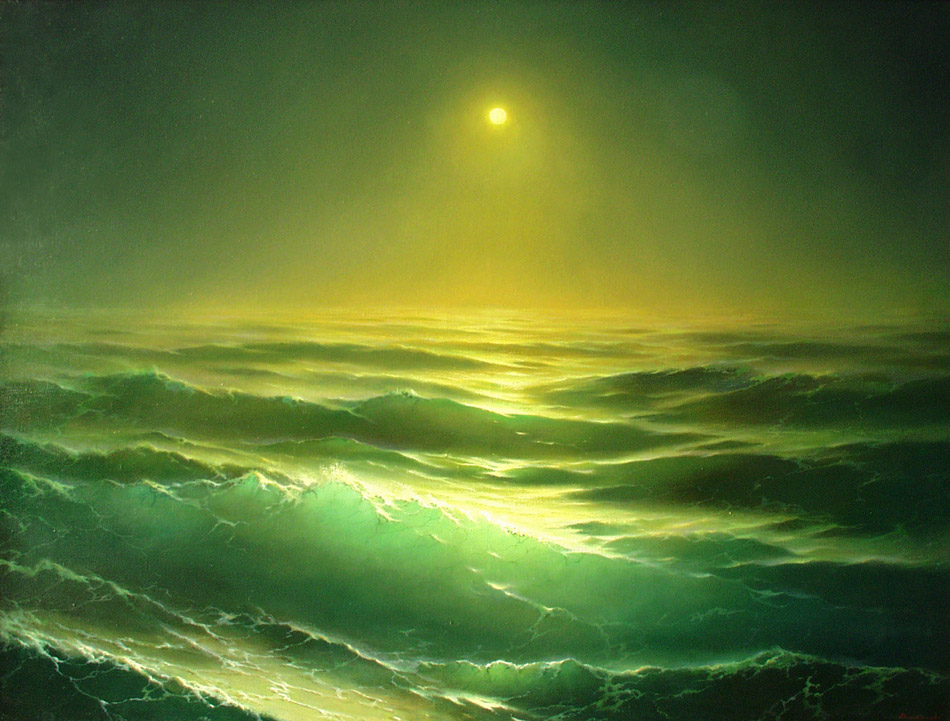 The moon above sea, George Dmitriev- painting, seascape, moonlit path, night, waves, realism