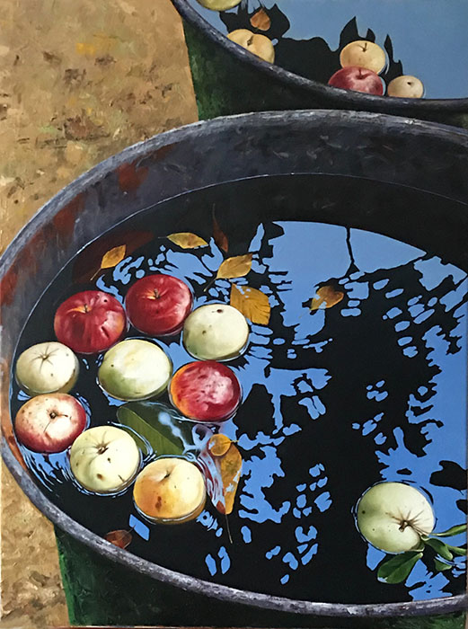 Autumn, Dmitri Annenkov- painting hyperrealism style, apples in water, sky eflection