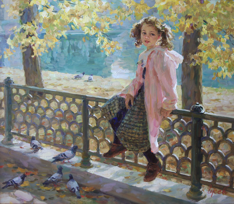 На Патриарших прудах, Владимир Гусев- картина, осенний день, прогулка по Москве, голуби