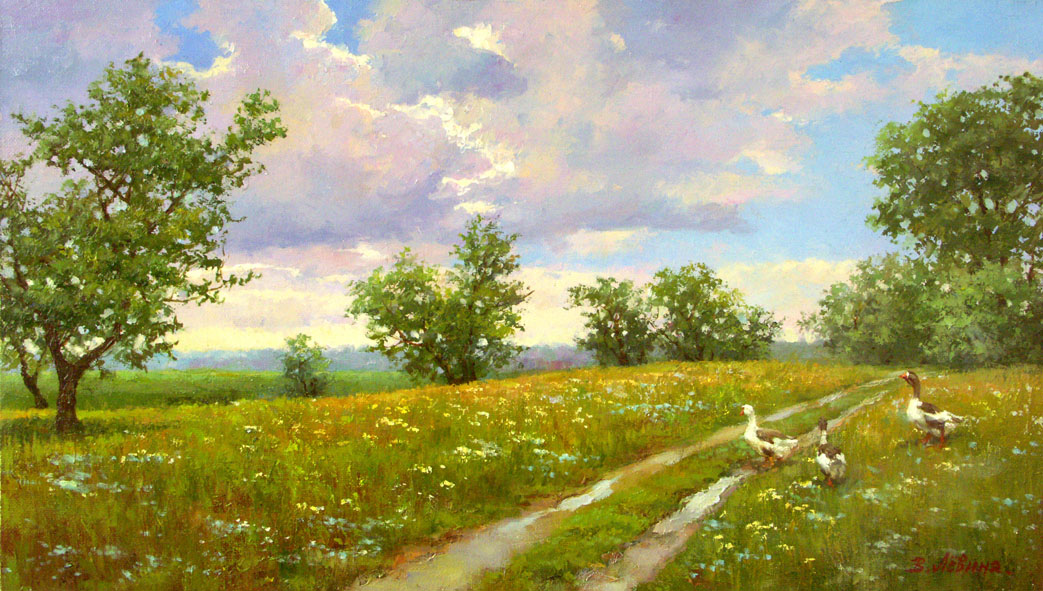On the way to river, Viktoria Levina- country road, geese, meadow, summer landscape picture