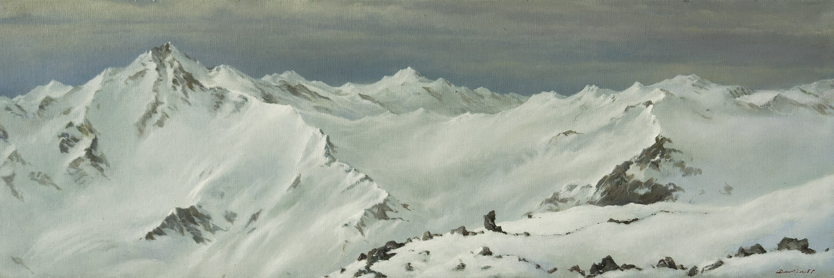 Snow silence, George Dmitriev- painting, snow on the tops of mountains, glacier,sky,silence