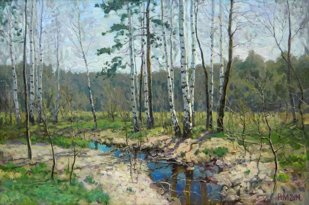 Spring theme, Rem Saifulmulukov- painting, early spring, forest, green grass, Russian birches