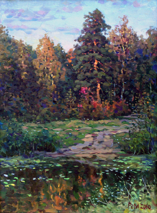 The leaves on water, Rem Saifulmulukov- painting, summer, forest, river, Russian nature, realism