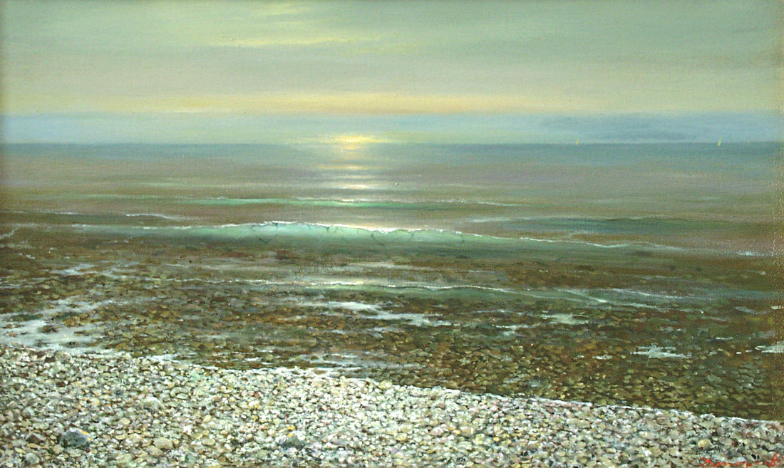 У берега, Георгий Дмитриев- картина, морской пейзаж, галечный пляж, восход солнца