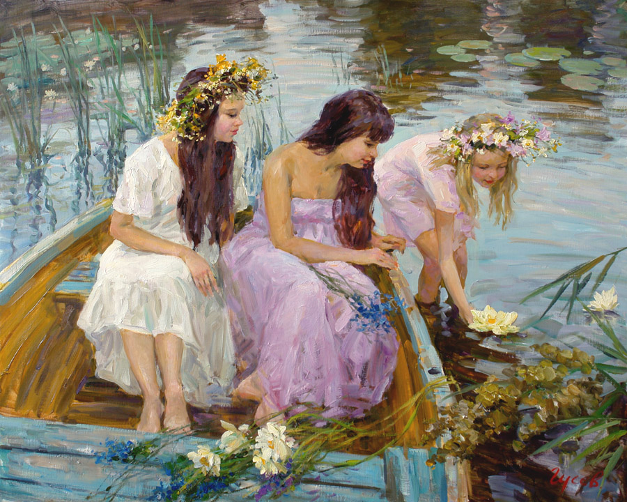Mermaids, Vladimir Gusev- genre painting, girl, summer day, river, impressionism
