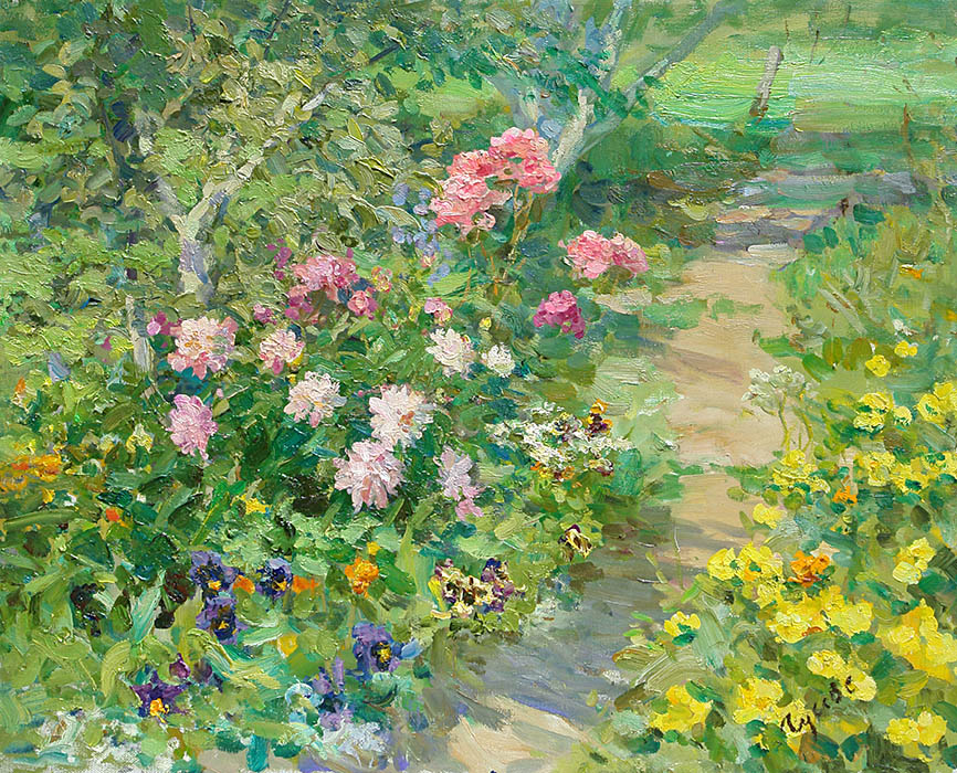 In the garden, Vladimir Gusev- garden path with flowers, painting, impressionism