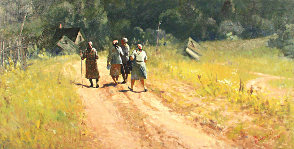 После обедни, Олег Леонов- картина, летний день, женщины из храма возвращаются домой