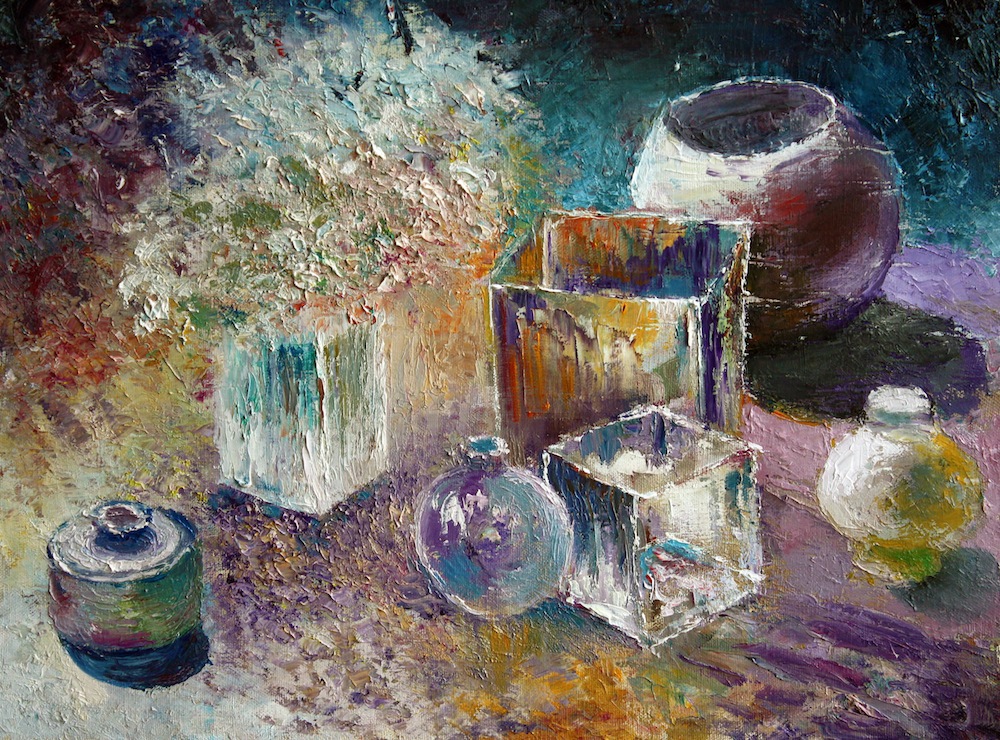 Натюрморт с флаконами, Владимир Волосов- картина, ваза, стакан, флакон, импрессионизм, натюрморт