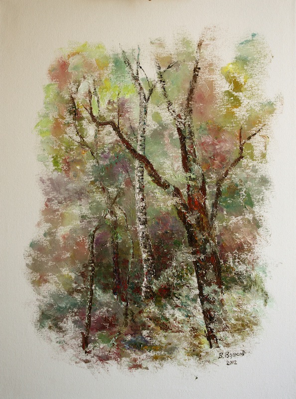 Autumn Motive, Vladimir Volosov- painting, autumn, forest, trees, birch, landscape