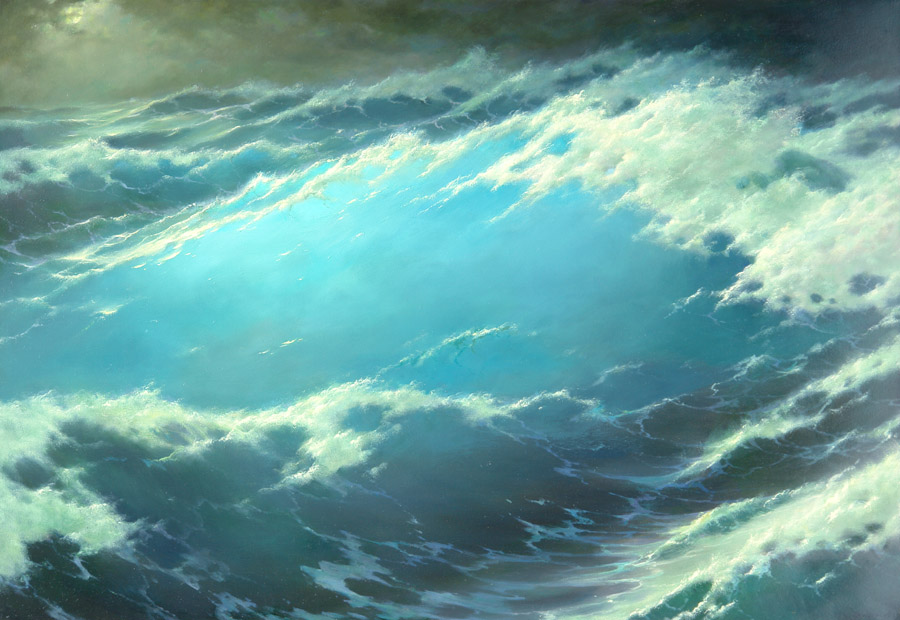 Moon and blue waves, George Dmitriev- painting, seascape,wave illuminated by the light of the moon