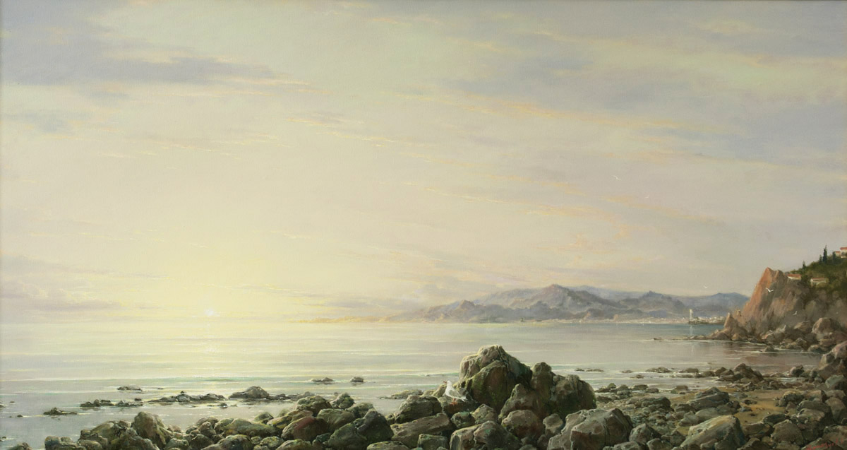 Sun and seagull, George Dmitriev- painting, seagull on the beach, rocks, steep coast, sea