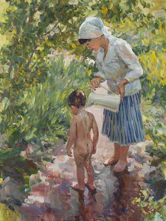 In the garden, Vladimir Gusev- Mom water her son, garden path, painting