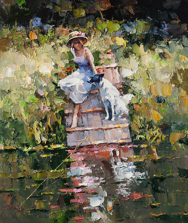 Fishermen, Alexi Zaitsev- white dog, girl in white dress, fishing, painting