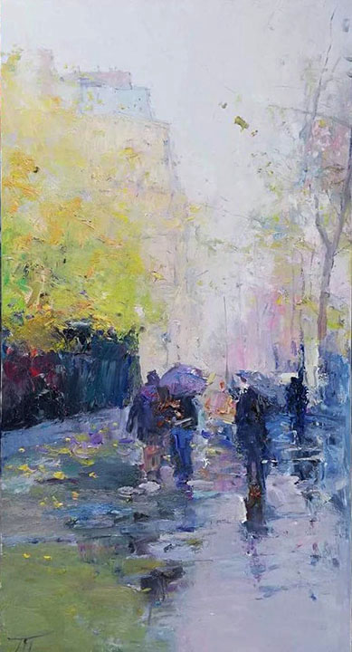 Autumn Walk, Peter Bezrukov- autumn city, rainy day, painting, impressionism