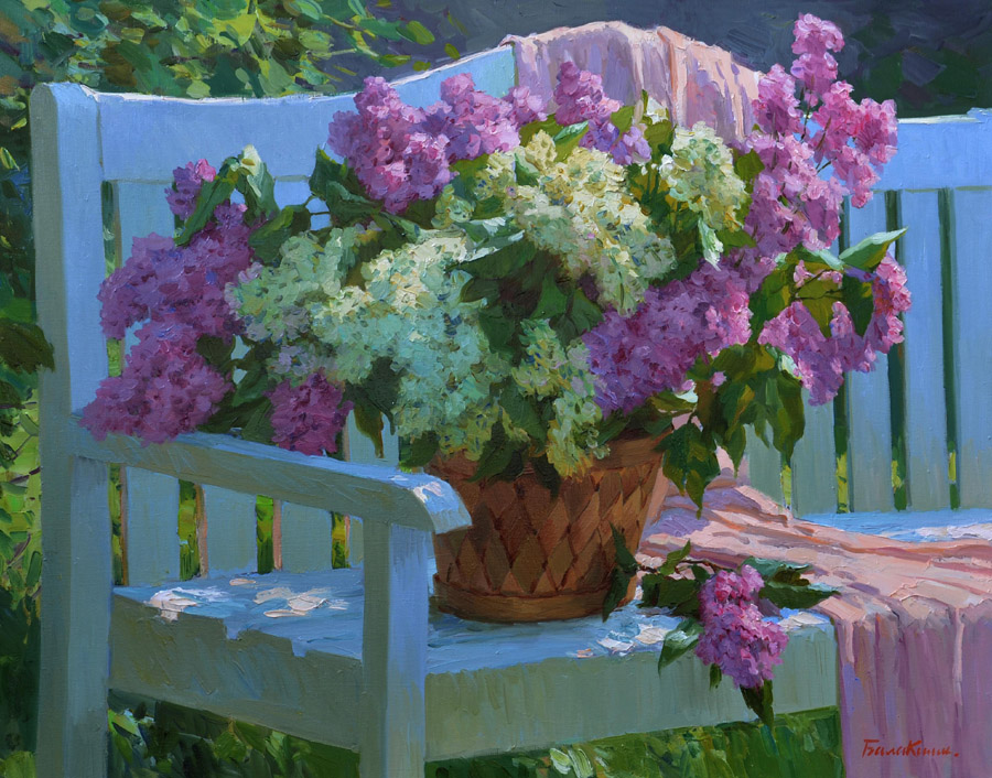 Сирень, Евгений Балакшин- картина, весна, май, сад, скамейка, букет сирени в корзине