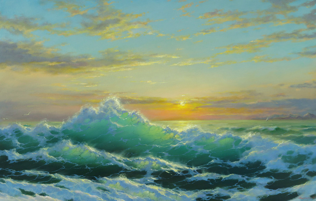 На восходе солнца, Георгий Дмитриев- картина, море, рассвет, чайки, пенные волны, побережье