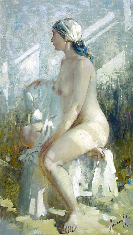 In light, Oleg Leonov- painting, nude model, artist's studio, shine