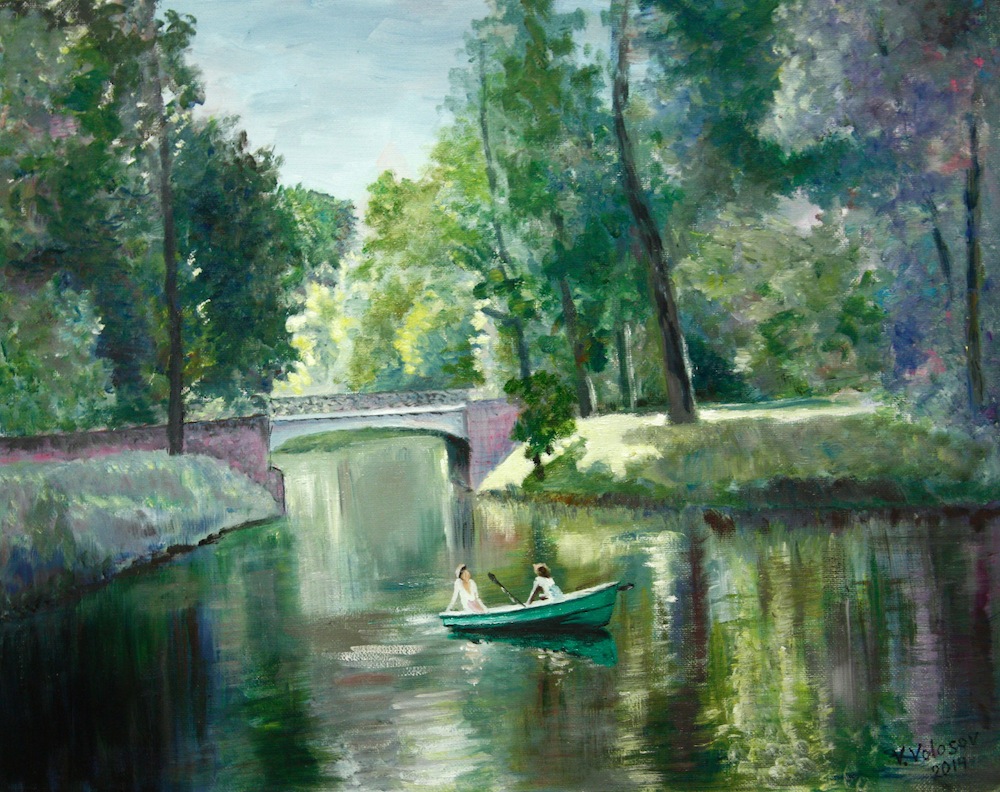 In the Park, Vladimir Volosov- painting, pond in the park, boating, summer, bridge