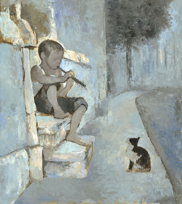 Юный музыкант, Сергей Постников- картина, экспрессионизм, мальчик с дудочкой, кошка