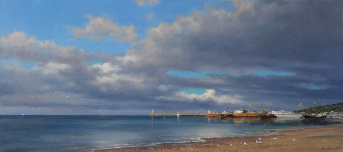 Along the shores of Feodosiya, George Dmitriev- painting, sea, calm, harbor, ships, clouds over the sea