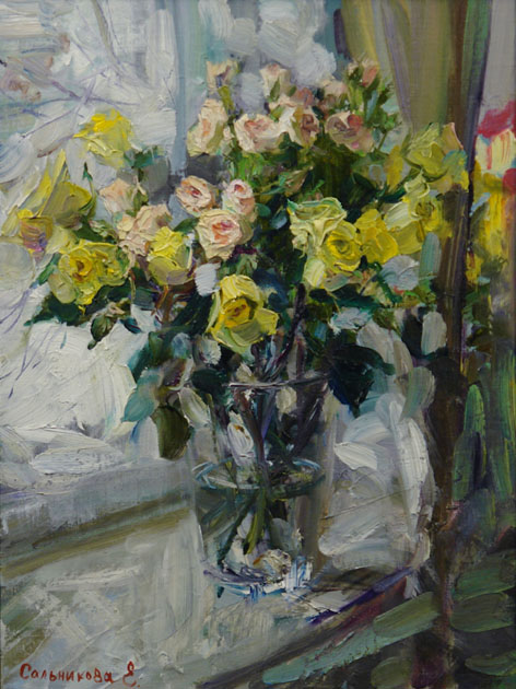 Желтые розы, Елена Сальникова- картина, букет желтых роз в вазе на окне, импрессионизм