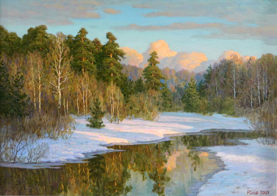 Розовый вечер, Рем Сайфульмулюков- картина, зима, снег, лес, сосны, река, пейзаж, реализм