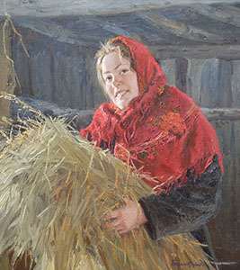 With an armful of hay