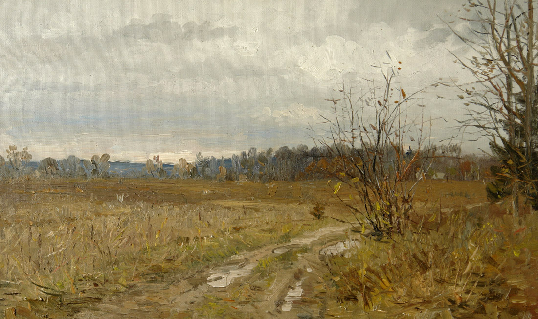 Осень. Ока, Олег Леонов- картина, осенний пейзаж, русское поле, облачное небо