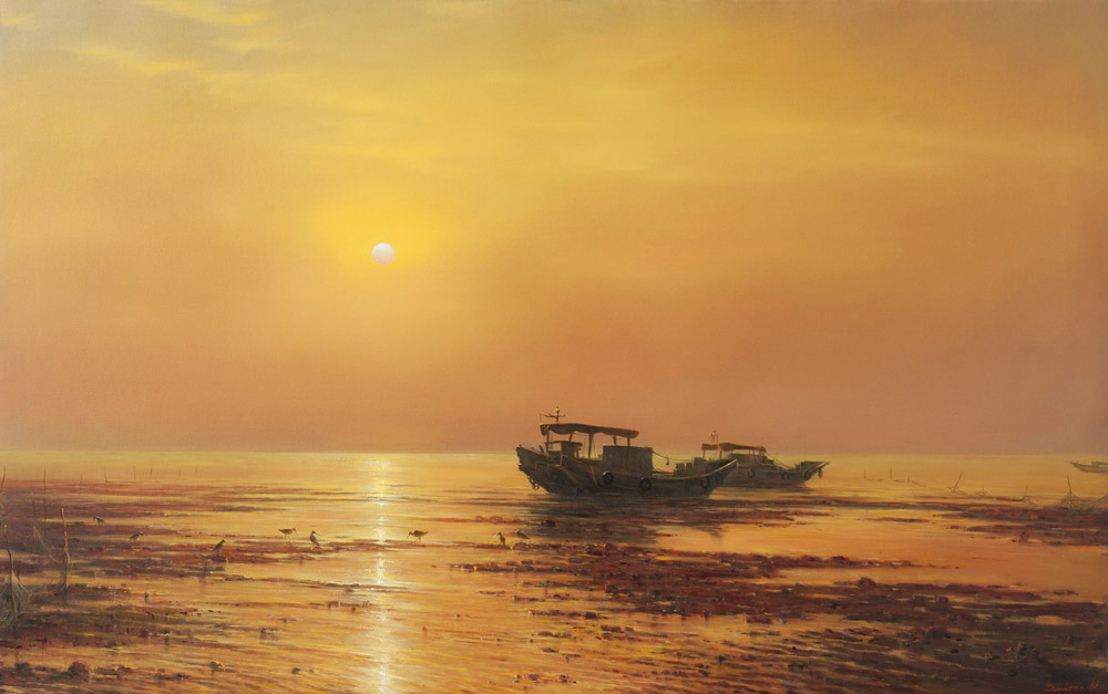 Sunrise on the South China Sea, George Dmitriev- painting, seascape,East, sunrise at sea, the boat,yellow sky