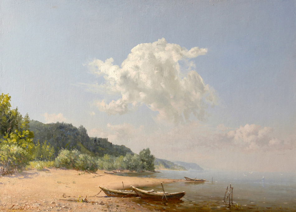 At the riverbank of the Volga, in August, Oleg Leonov- painting, summer day,  a boat on the shore, Volga river