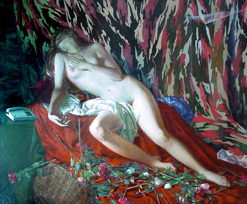 Cleopatra, Oleg Leonov- painting, naked girl, death, flowers, snake, nude