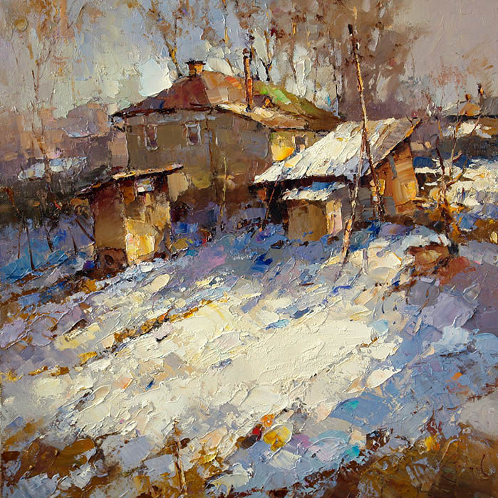 Pending rooks, Alexi Zaitsev- painting, old village house, spring, birdhouses, barn