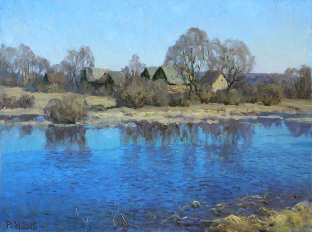 Вешняя вода, Рем Сайфульмулюков- картина, весна, деревня, река, разлив, реализм, пейзаж
