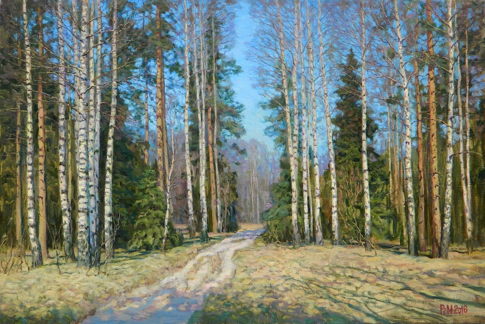 Spring in the forest, Rem Saifulmulukov- painting, spring forest, birch, blue sky, landscape, realism