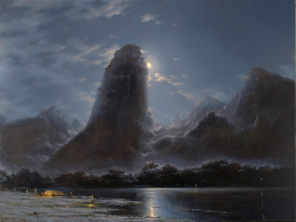 Лунная ночь на реке Ли, Георгий Дмитриев- картина, Китай, горы, лунная ночь, рыбаки на берегу реки