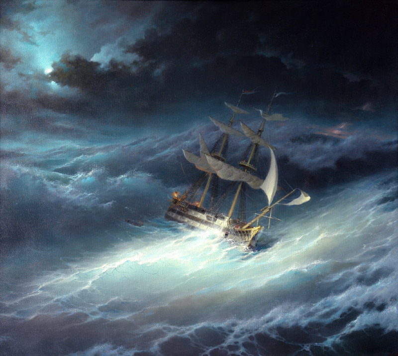 Through storm, George Dmitriev- painting, seascape, large waves, storm, ship