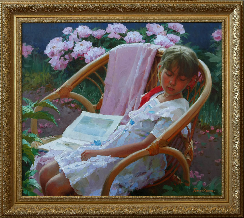 Летние сны, Евгений Балакшин- картина, летний день, сад, девочка на скамейке, кусты пионов
