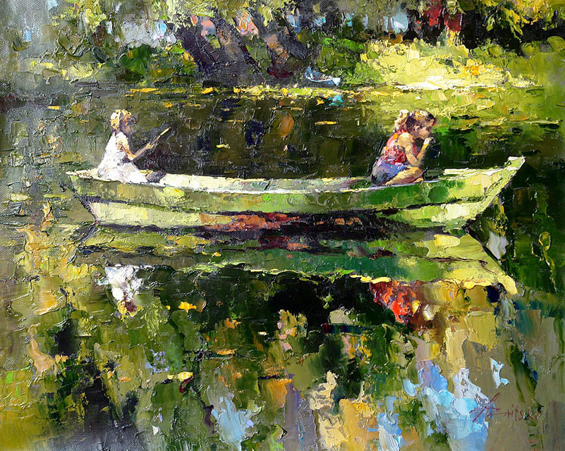 Quiet water, Alexi Zaitsev- river landscape, girls fishing, boat, fishing, painting