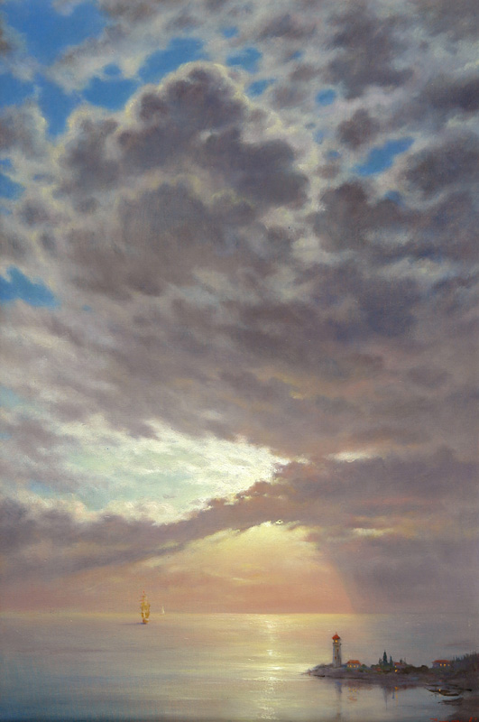 Над морем, Георгий Дмитриев- картина, море, маяк, парусник, облачное небо, лунная дорожка