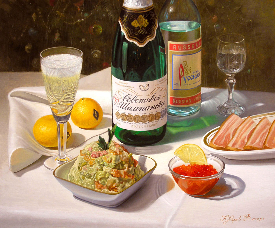Traditional New Year (for order), Philipp Kubarev- oil still life, Olivier salad, champagne, vodka, red caviar