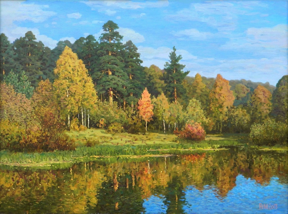 Autumn motive, Rem Saifulmulukov- painting, landscape, autumn forest, river, blue sky, leaf