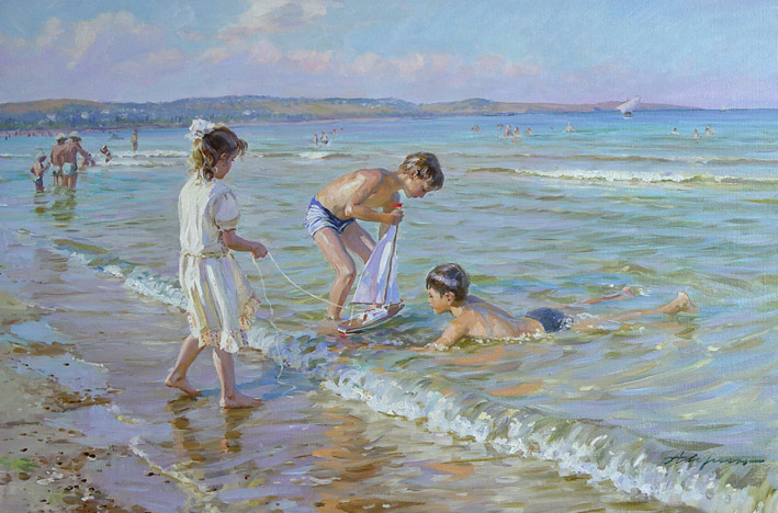 У моря, Александр Аверин- картина с детьми на берегу моря, лето, отдых